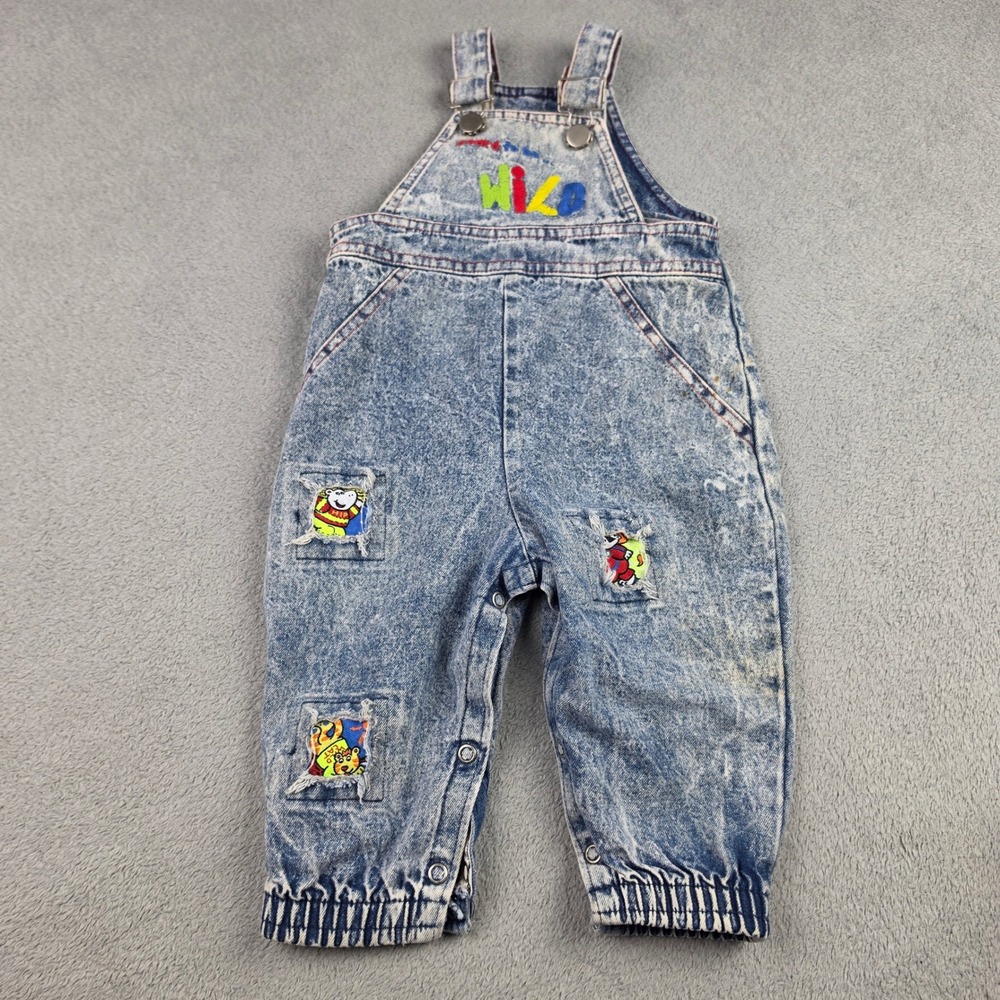 Buster Brown Overalls Baby 12M Wild Animal Patch Acid Wash Denim Vintage USA